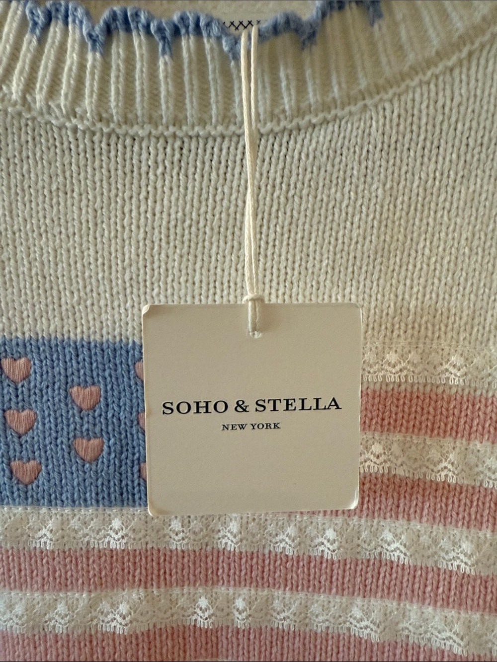 American Flag Crewneck Sweater with Pastel Pink & Blue Lace Motif, NWT - Picture 3 of 5